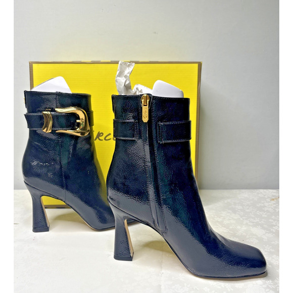 Circus by Sam Edelman Women’s Black Patent Ankle Boots Gold Buckle Zip Heel Size - Picture 1 of 9
